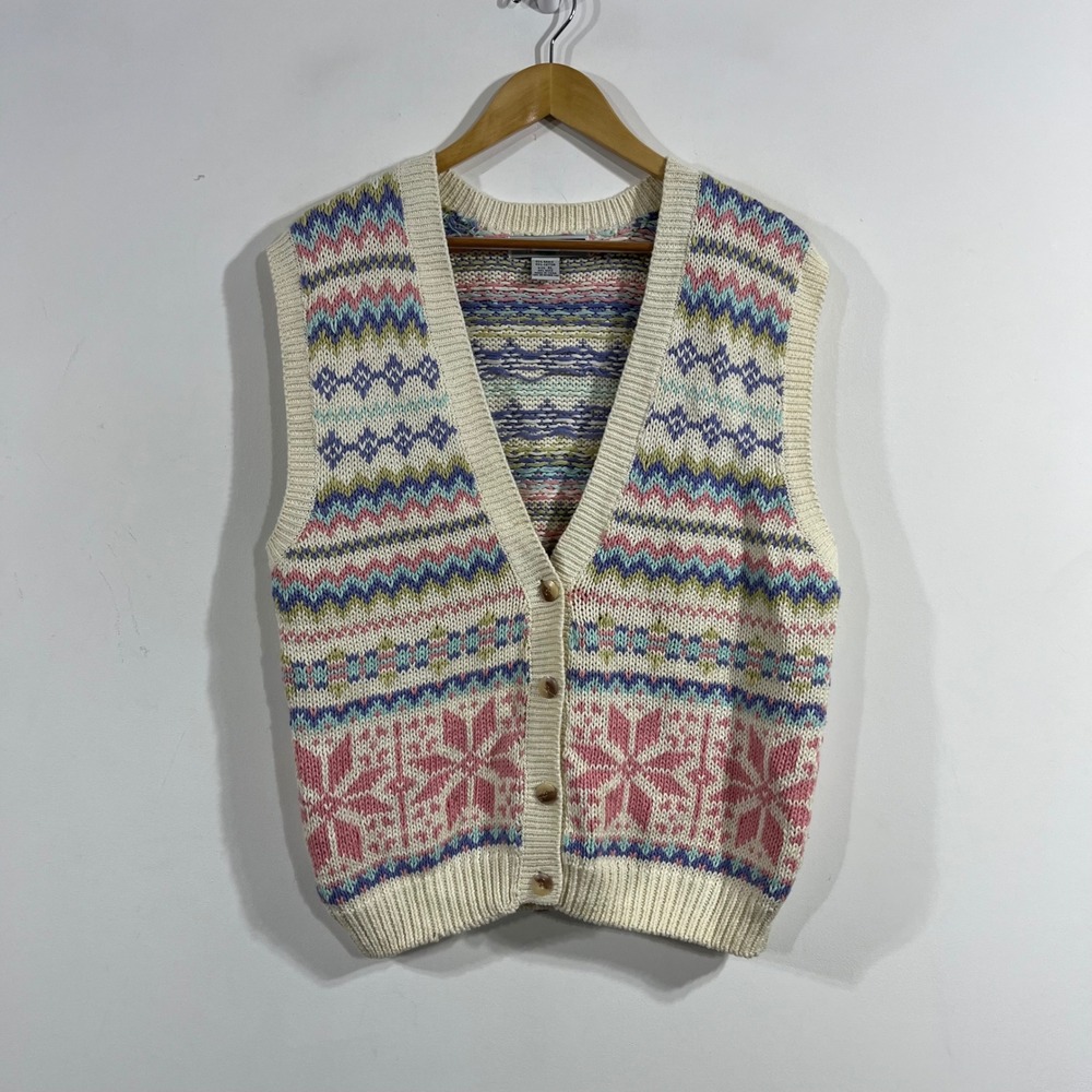 Jennifer Moore Cottagecore VTG 90s Fair Isle Sweater Vest Boho XL Granola Folk